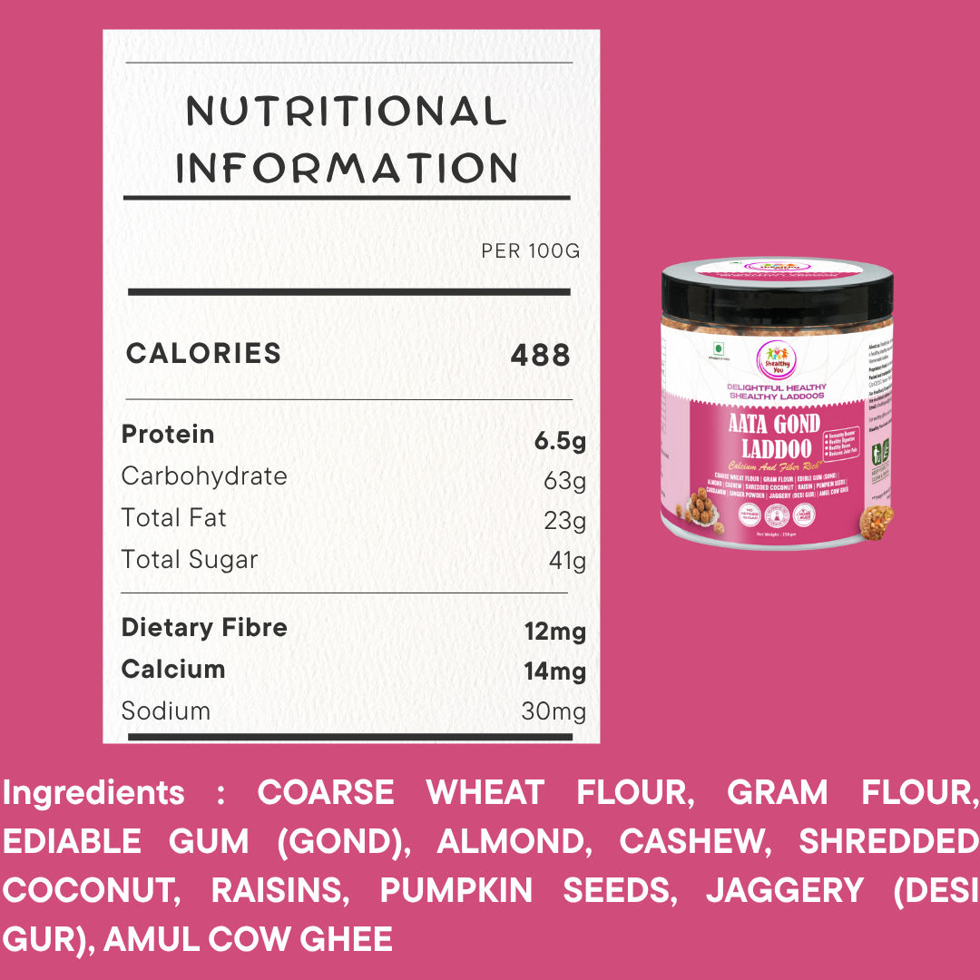 Shealthy You - Aata Gond Laddoo | No Refined Sugar | 14g Calcium | Energy Rich | Healthy Snacks for Kids, Adults and Elderly alike