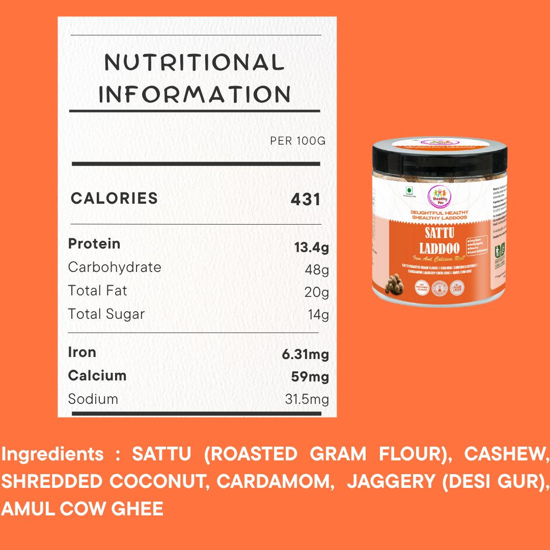 Shealthy You - Sattu Laddoo | No Refined Sugar | 36% Iron | 10% Calcium | Healthy Snacks for Kids, Adults and Elderly alike