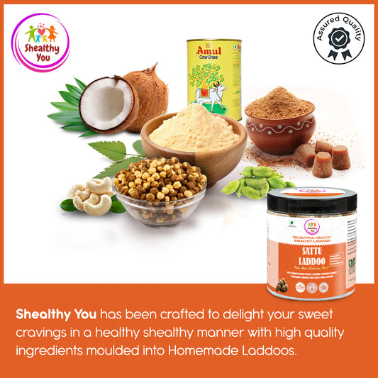 Shealthy You - Sattu Laddoo | No Refined Sugar | 36% Iron | 10% Calcium | Healthy Snacks for Kids, Adults and Elderly alike