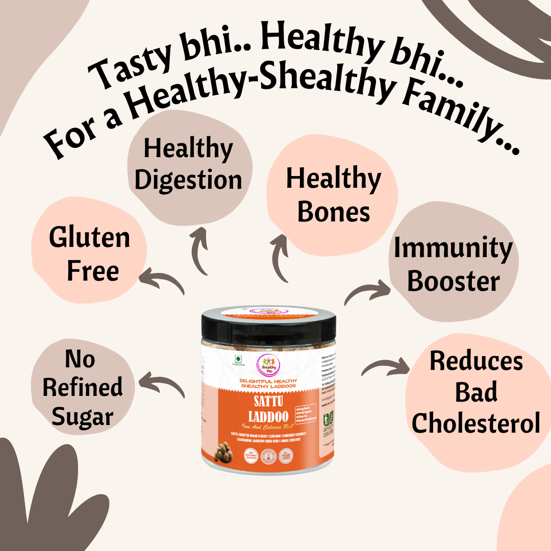 Shealthy You - Sattu Laddoo | No Refined Sugar | 36% Iron | 10% Calcium | Healthy Snacks for Kids, Adults and Elderly alike